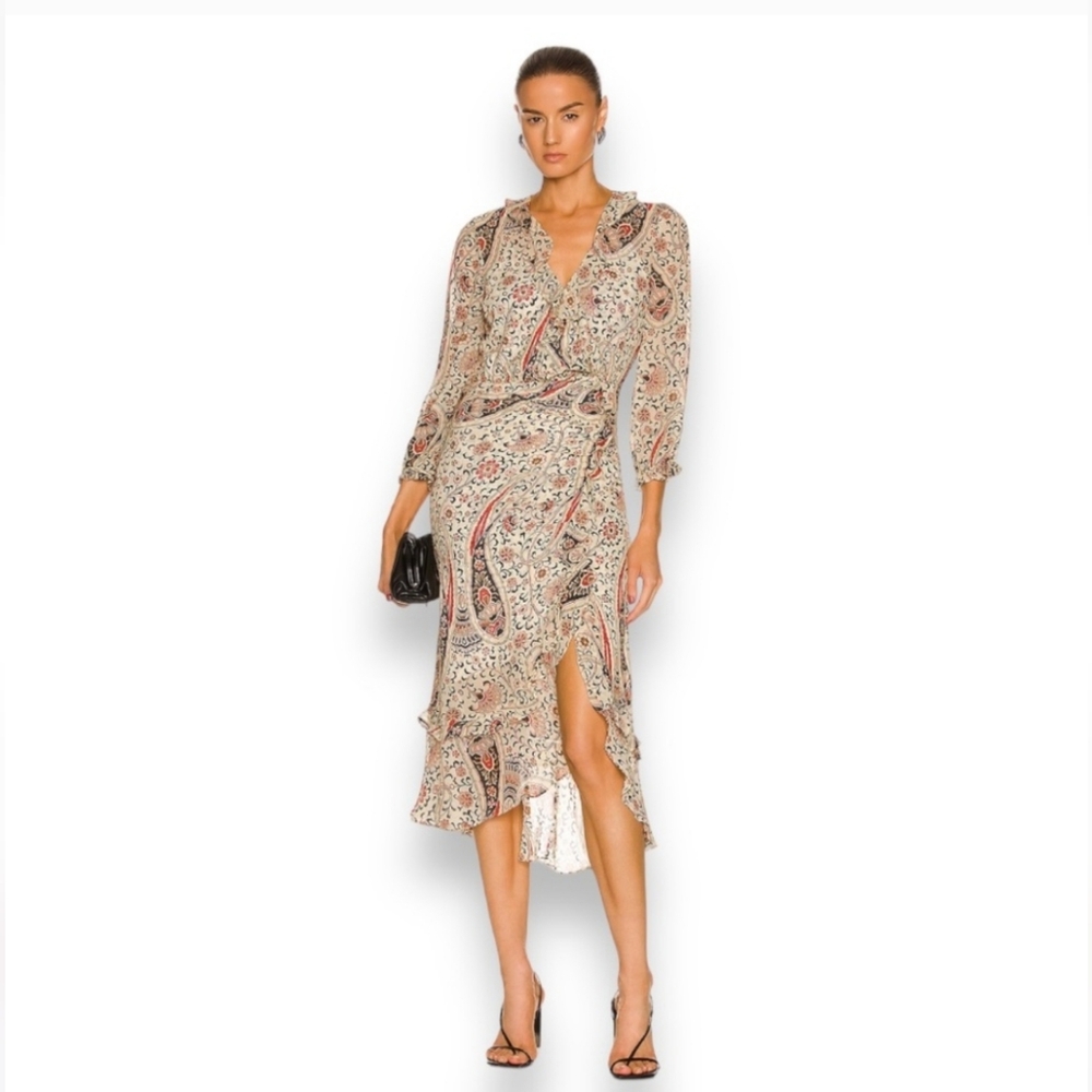 Veronica Beard Derby Beige Paisley Long Sleeve Silk Faux Wrap Midi Dress Size 4